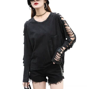 Black gothic cutout long sleeve tee front three-quarter view on fashion model showcasing distressed lattice sleeve details and o-neck design