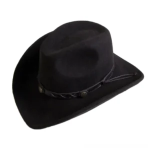 Black gothic wool fedora hat with braided leather band and metal rivets, left three-quarter view showing wide brim and dark alternative style