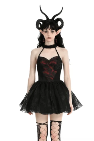 Gothic black halter dress with red graphic print bust, lace-up corset back, and ruffled tulle skirt - front full-body view on model