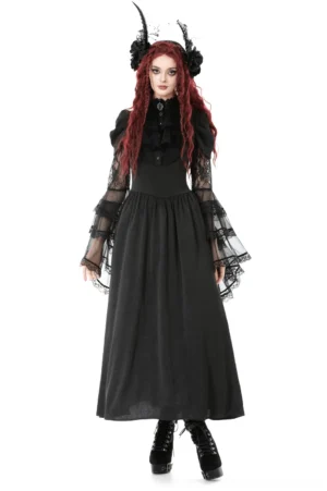 Front full-body view of black lace bell-sleeve gothic maxi dress with high ruffled neckline and corset back detail, worn by model with red curly hair and horn hair ornament