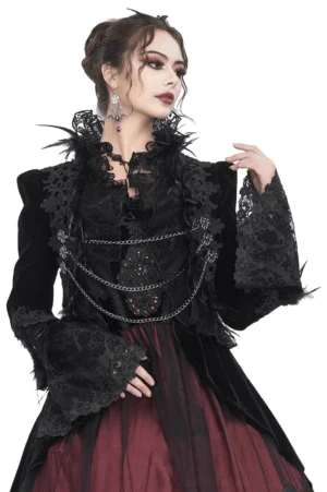 Black lace bolero with feather collar and chain accents - front three-quarter view on model