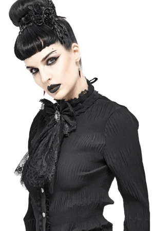 Side view of black lace gothic choker bow tie on goth model - profile shot showing lace detail