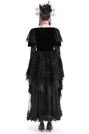 Black Victorian gothic dress rear view featuring lace-up back design, layered lace skirt, and floor-length silhouette with bell sleeves