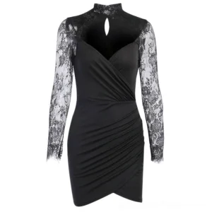 Black lace-spliced gothic party dress with mock wrap front and hollow-out neck panel, mannequin display showing front three-quarter angle