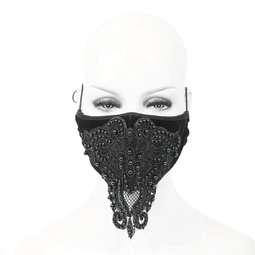 Gothic black lace face mask on mannequin displaying ornate dangling lace trim detail