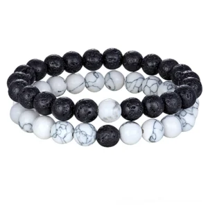 Black Lava White gothic beaded bracelet pair - matte lava rock and white howlite distance bracelets