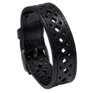 Black gothic geometric leather cuff bracelet featuring hollow square pattern design, studio front shot with white background