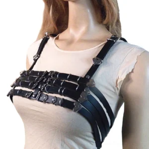Black PU leather heart harness bra front left three-quarter view, showcasing adjustable metal heart buckles and multi-strap gothic chest piece design