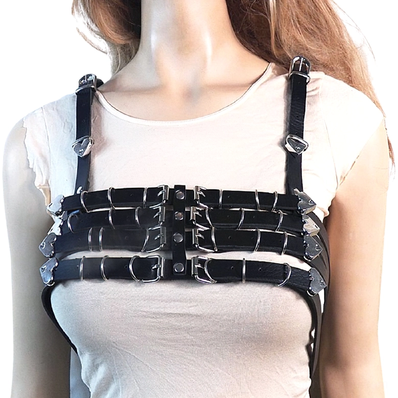 Black PU leather heart harness bra straight front view, displaying geometric leather straps with heart-shaped metal fasteners and adjustable buckle system