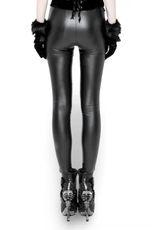 Black faux leather leggings with red lace rear view full body model gothic fashion