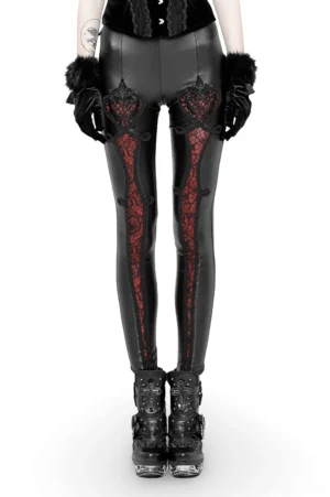 Black faux leather leggings with red floral lace panels front view full body model