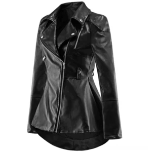 Black gothic biker jacket 3/4 front angle showing tailored waist seam, side zipper pockets, and slim fit silhouette