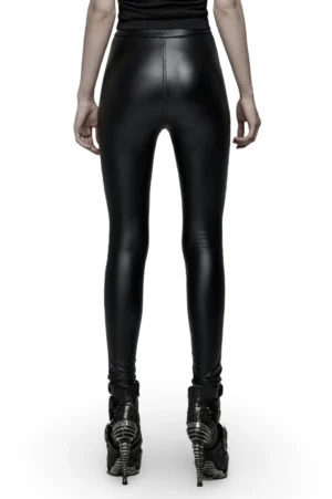 High-waist black faux leather slim-fit pants rear view demonstrating glossy finish and form-fitting silhouette