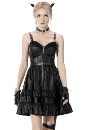 Black leather ruffle slip dress front view on model with spaghetti straps and cross zipper detail