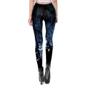 Gothic black leggings back view with high waist design - styling with studded platform boots for dark academia aesthetic