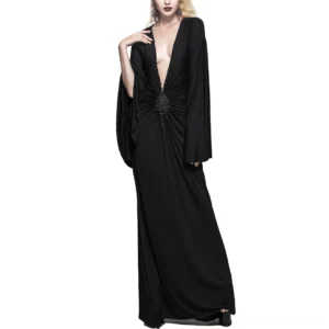 Gothic black deep V-neck maxi dress with wide batwing sleeves, front three-quarter view on female model with dramatic dark makeup