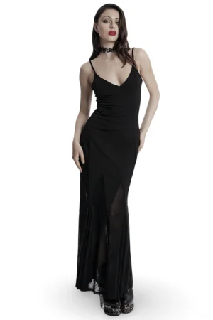 Black gothic maxi dress front view with V-neck, spaghetti straps, and sheer spider web mesh lower panels worn by fashion model