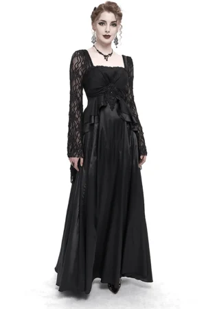 Black gothic square neck maxi dress with lace trumpet sleeves - front full-body view on model