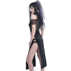 Black gothic mesh maxi dress side profile showing off-shoulder design and dramatic high leg slit
