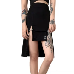 Front view of gothic black high-waist midi skirt with metal ring cutout details, shown on model with asymmetric hem