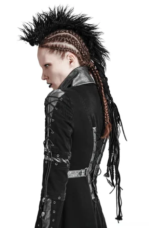 Black faux fur gothic mohawk hair clip with lace detail worn by female model in goth outfit, rear left side profile view