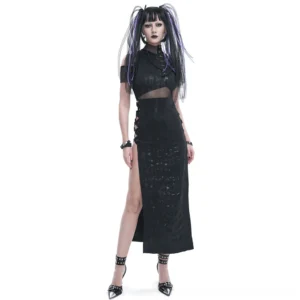 Black gothic off-shoulder mesh maxi dress with high side slit, front view on model with purple pigtails