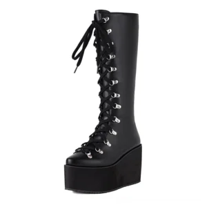 Gothic black matte platform boots side view showing mid-calf height and wedge sole