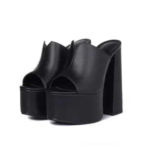 Black genuine leather platform block heel sandal with open toe and split vamp design, front three-quarter view showing chunky platform and 8cm+ heel
