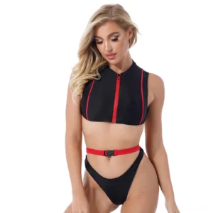 Black gothic crop tank swimwear set with red contrast trim, front three-quarter view on model