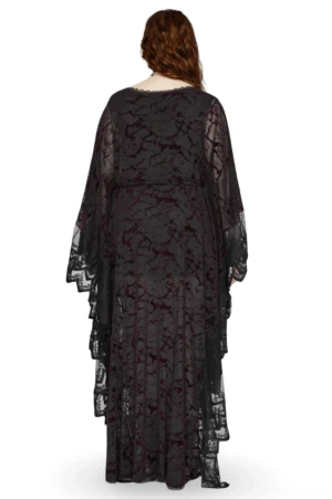Gothic black maxi dress back view displaying sheer lace overlay, tied waist sash with water-drop pendants, and ruffled floor hem