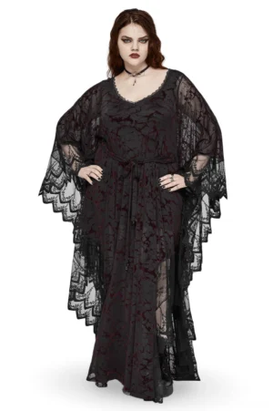 Gothic black v-neck maxi dress with water droplet waistband worn by model, front full-body view showing dramatic V-neckline and lace paneling