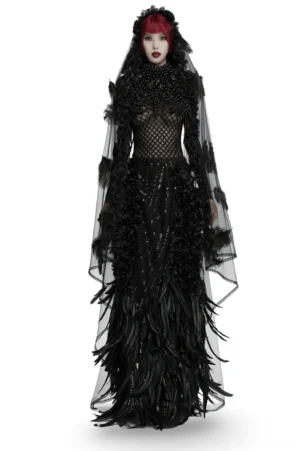 Black feathered rose mesh veil with lace hem worn by model on white background, front full-body view showcasing sheer drape and decorative details