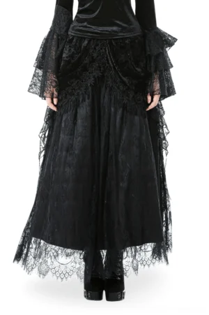 Black velvet and lace gothic maxi skirt back view with model wearing matching ruffled velvet top and layered lace panels