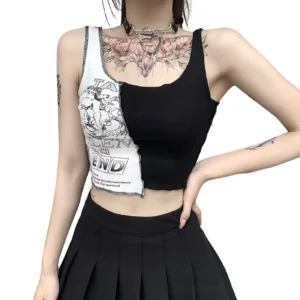 Black and white gothic split print cropped tank top front view on tattooed model