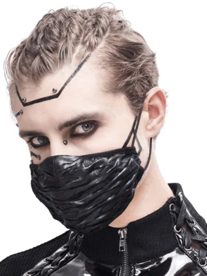 Black wrinkled gothic face mask worn by male model in front three-quarter view, featuring metal forehead details and adjustable ear cords