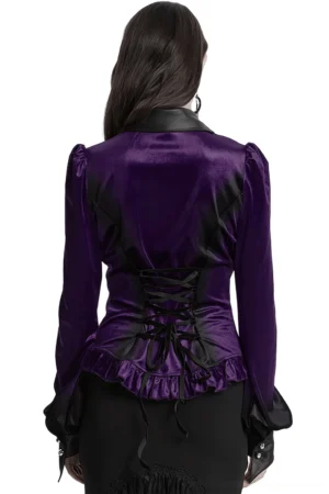 Purple gothic blouse back view showcasing corset lace-up design, long puff sleeves and ruffle hemline