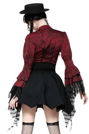 gothic wine red blouse back corset lacing detail on model from rear view