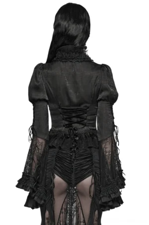 Gothic blouse back view showing corset lacing, sheer mesh panel details, and high ruffled collar on model