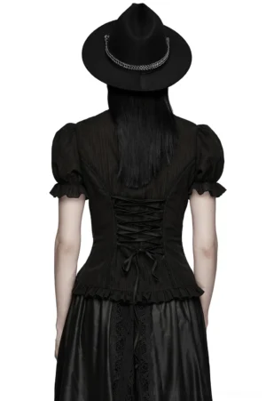 Black gothic lace-up blouse back view featuring dramatic ribbon lace-up waist and ruffled puff sleeve cuffs