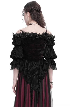 Gothic off-shoulder velvet blouse back view showing asymmetrical lace hem and backless cut detail