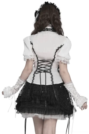 Back view of gothic blouse showing lace-up corset back design with structured lacing detail