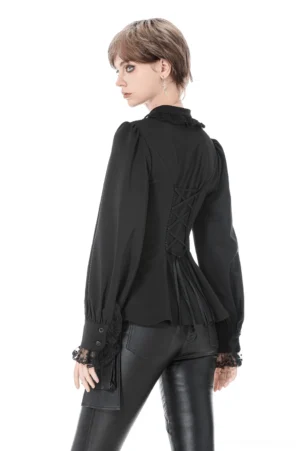 Black Victorian gothic blouse back view showing lace-up corset back detail and ruffled collar on model