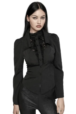 Victorian gothic women's blouse front full view featuring dual collar stand and lace panels