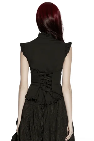 Gothic blouse with lace-up corset back and ruffled shoulder details - rear view on model showing back lacing