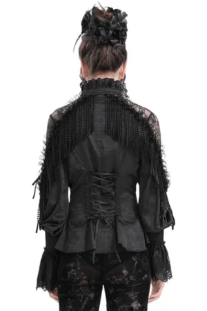 Gothic blouse back detail featuring corset-style lace-up back with fringe shoulder panels and black ribbon lacing