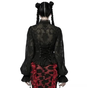 Gothic lace blouse back detail showing velvet lace-up corset closure with metal eyelets, embroidered floral mesh overlay, and ruffled hem