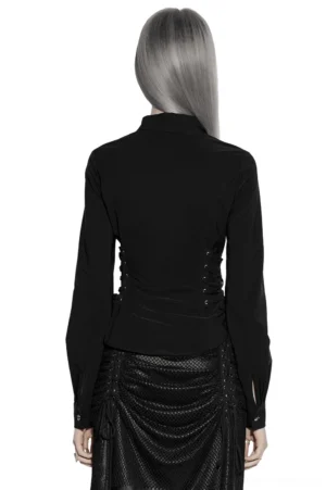 Black gothic shirt with cross collar detail and side lace-up corset panels, model back view