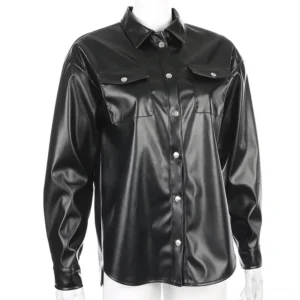 Women's black PU leather gothic blouse on dress form, front view displaying silver snap buttons and pointed collar