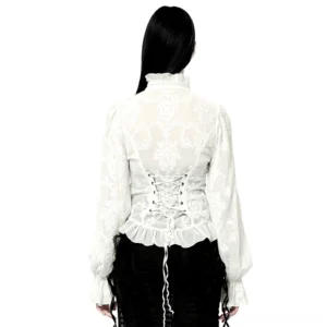 Gothic lace-up back blouse with corset-style ribbon fastenings and ruffled hem detail, rear view on model