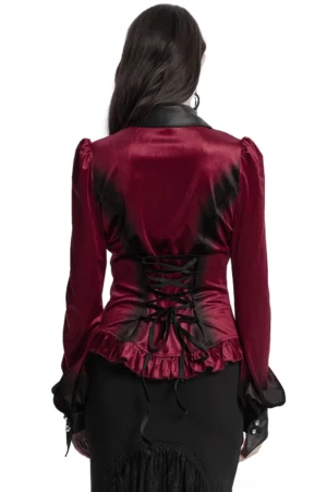 Gothic velvet blouse rear view showcasing lace-up corset back and bell sleeves on model